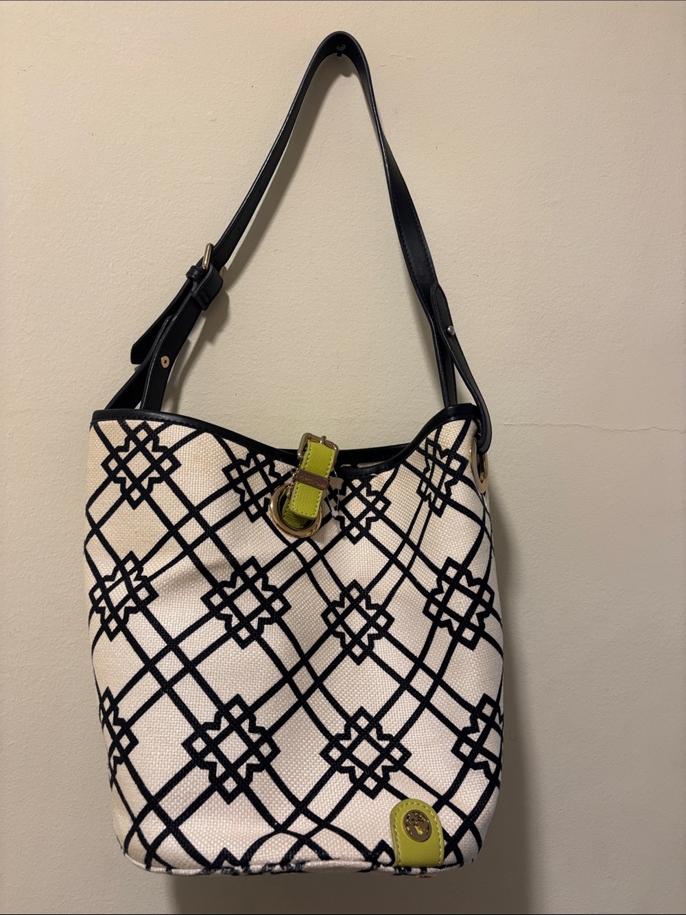 Spartina 449 Black and Cream Patterned Shoulder Bag with Green Accent